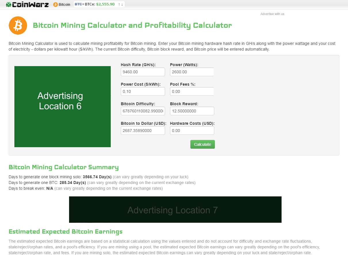 mining bitcoin coinwarz